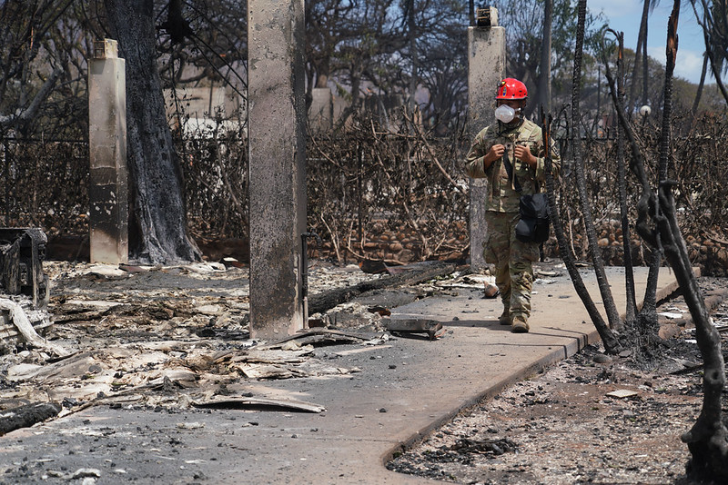 Search and rescue soldiers make recovery efforts in Lahaina, August 10, 2023. (The National Guard/Flickr)